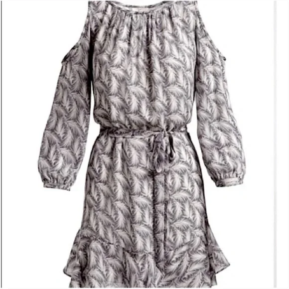 Joie Isaline Feather Cold Shoulder Mini Dress Gray White Print Silk Tie Belt XXS - Picture 4 of 15